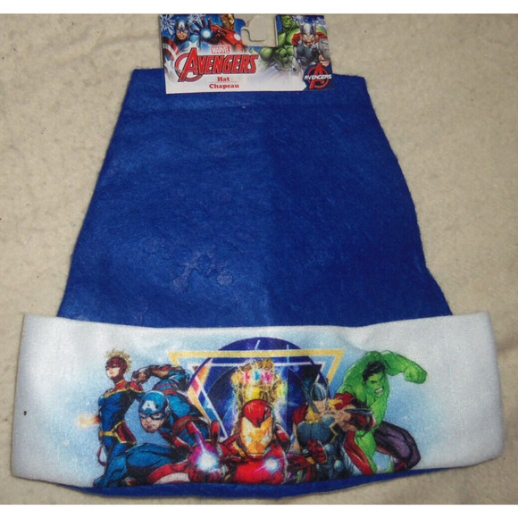 5 Marvel Avengers Heroes on 16" Blue Felt Christmas Santa Hats made by RUZ - Picture 2 of 4